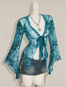 SHEIN ICON Asymmetrical Hem Flare Sleeve Vintage Flocked Mesh Sheer Cardigan For Women - Blue - View 6