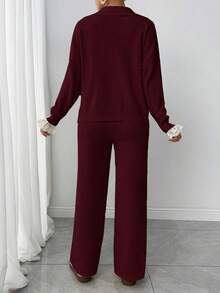 Modelyn 女士毛衣套装，温柔风格，秋冬款 - 酒紅色 - 查看 2