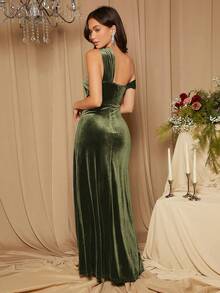 SHEIN Belle 纯色不对称领口侧开衩下摆优雅伴娘礼服 - 軍綠色 - 查看 2