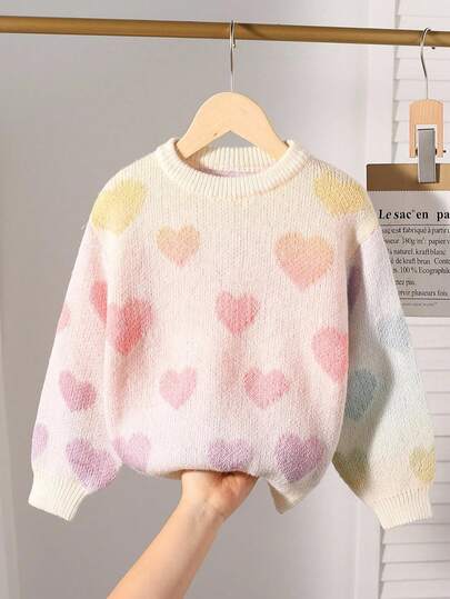 SHEIN Sparklyn Y2Y 少女圆领露肩渐变色彩虹爱心图案创意设计休闲百搭度假风毛衣，适合上学、参加派对、圣诞派对、度假、休闲和运动等场合。