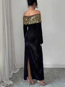 Elenzga 女士优雅露肩亮片派对连衣裙，收腰设计，长袖，秋季款 - 黑色 - 查看 2