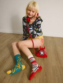 Y2Kool 1 par de calcetines desparejados creativos con estampado de tomate y papas fritas, calcetines tipo medio-pantorrilla con letras, cómodos y casuales, adecuados para uso diario, unisex - Multicolor - Ver 2
