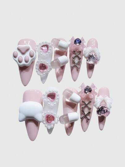 Kawaii Cute Cat Claw Romantic Heart Ballerina Bow White Wing Metal Cross Pink Handmade Full Cover Fake Nails, Mass Produced Energetic Girl Wear, Suitable For Daily Outings And Dates