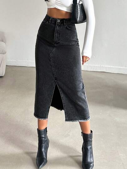 SHEIN Tall Tall High Waist Front Slit Denim Skirt