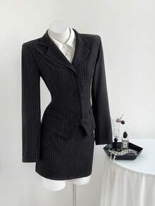 Elamini 女士条纹翻领单排扣西装外套和中长裙套装，办公服饰 - 黑色 - 查看 4