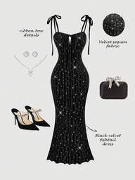 SHEIN MOD Black Velvet Glitter Tie Bow Midi Dress With Shimmering Mermaid Hem – Glamorous Vintage Court Style For Date, Party, Prom & Festival,Winter Clothes ,Christmas Outfit,New Year Outfit,Thanksgiving Outfit For Women,Graduation Dress