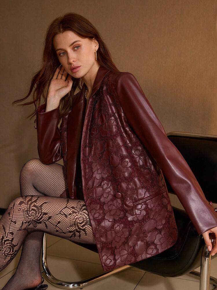 PU LEATHER EMBROIDERY FLORAL PATTERN LAPEL COLLAR BLAZER