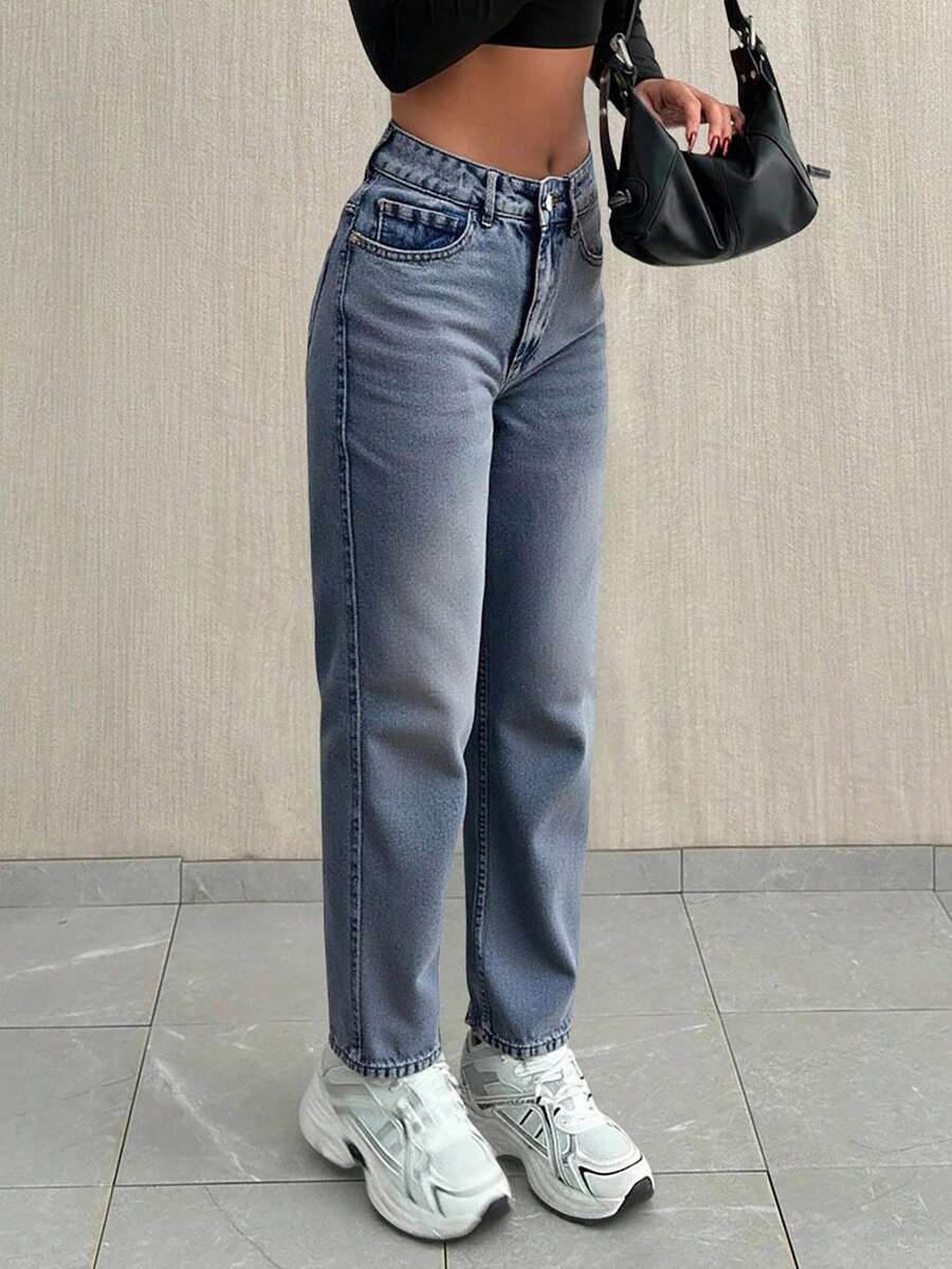 SHEIN Cottnline HIHG RISE DARK GREY MOM JEAN WITH WHITE JACRON - Baby Blue - View 1