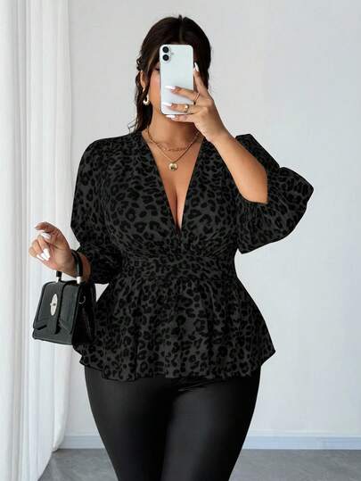 Elenzga Blusa de moda sexy con cuello en V profundo y mangas farol con estampado de leopardo para mujer de talla grande