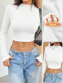 SHEIN EZwear 女式休闲白色立领长袖短款修身T恤，冬季T恤