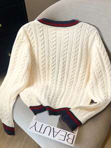 Airaco 学院风休闲撞色饰边V领开衫 - 杏色 - 查看 2