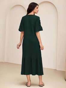 Lacomfia Gaun Midi A-Line Berlipit Leher V Terbaru 2025 untuk Wanita, Musim Panas - Dark Green - View 2