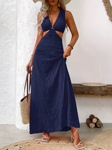 Breezaya Kvinnor Fashionabla Back Hollow Out Strap Texture Dress Maxi Vacation Beach Outfit - Marinblå - Visa 3
