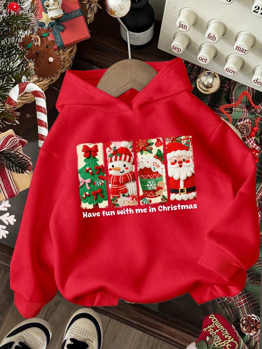 SHEIN EZwear 休闲复古圣诞系列，红色，人造毛皮圣诞老人、圣诞树、雪人、姜饼人饮料杯印花，宽松加厚卫衣，适合女士新年派对 - 紅色 - 查看 1