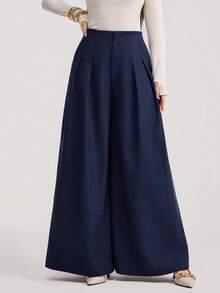 Veilorie Relaxed High Waist Wide Leg Casual Pants, New Style - Navy Blue - View 4