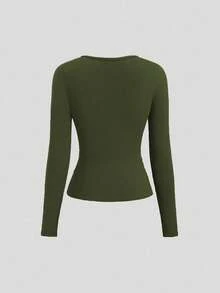 Sweetra Women's Solid Color Ring Connected Long Sleeve Pleated Casual T-Shirt - Army Green - View 2