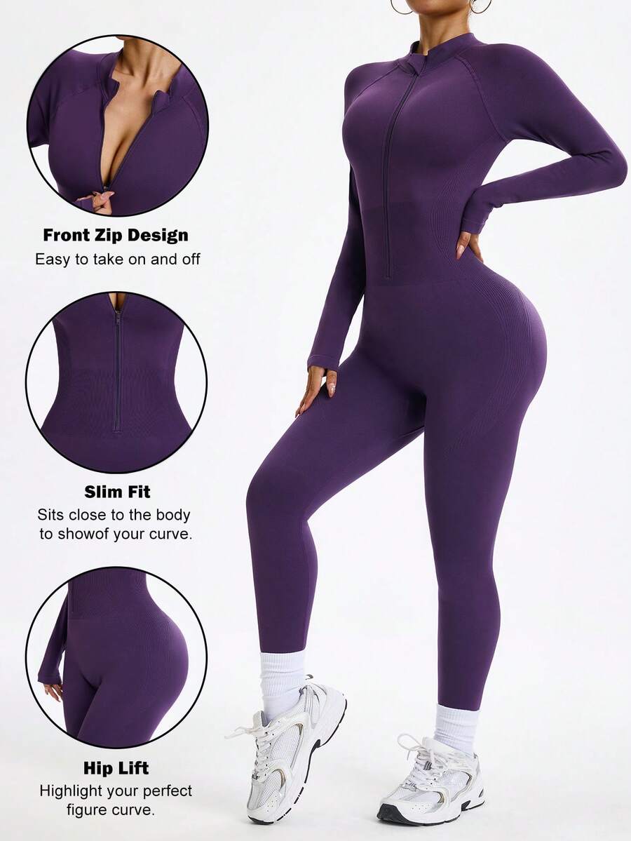 Dewbera Women's Solid Color Raglan Sleeve Zipper Half Placket Sports Jumpsuit - Purple - View 1