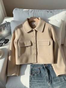 Sparklyn Teen Girl Casual All-Match Versatile Black & White Contrast Trim Lapel Large Pocket Jacket, Autumn/Winter