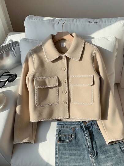 Sparklyn Tonårsflicka Casual All-Match Mångsidig Svart & Vit Kontrastkant Lapeljacka Stora Fickor, Höst/Vinter