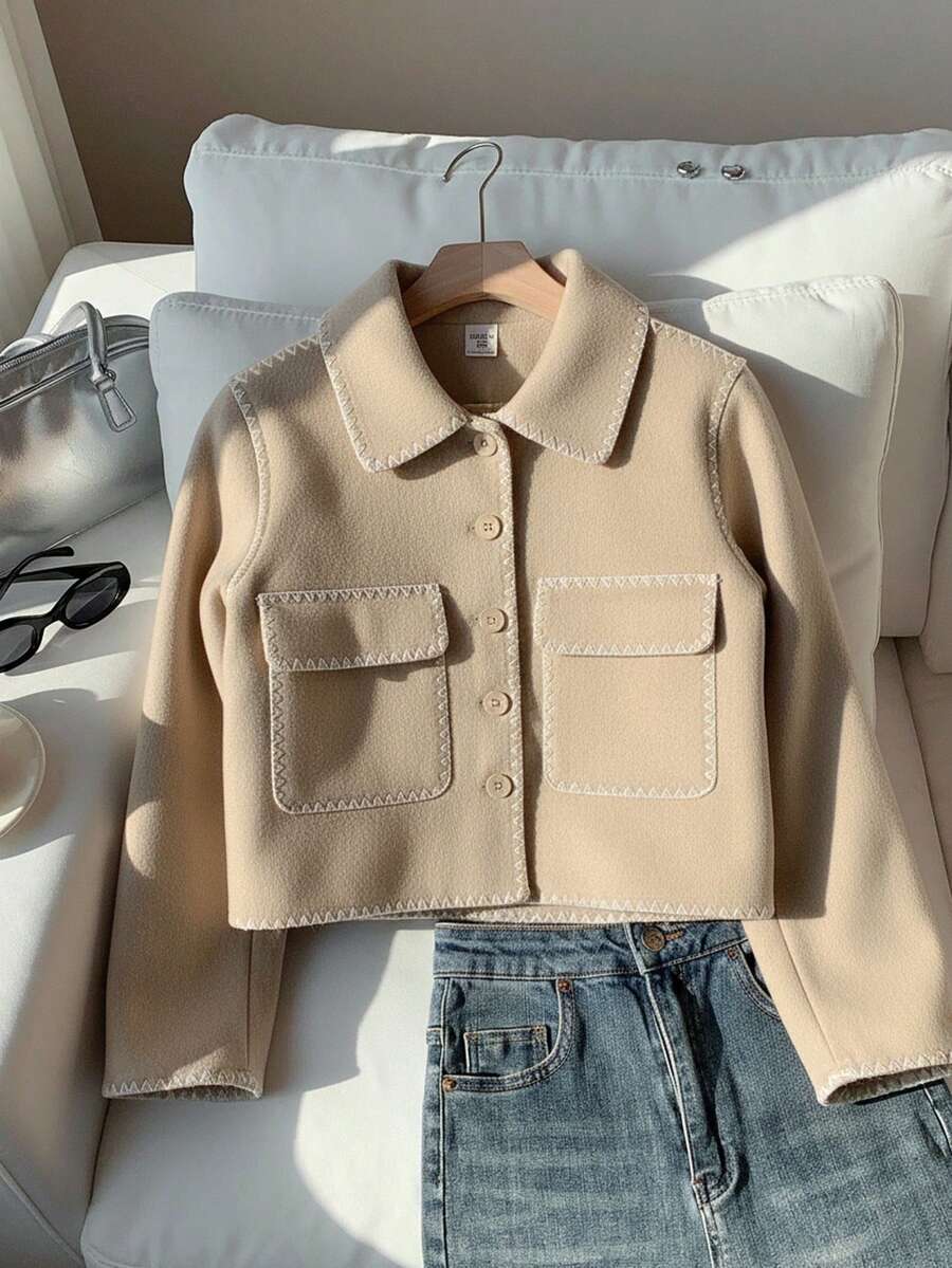 Sparklyn Teen Girl Casual All-Match Versatile Black & White Contrast Trim Lapel Large Pocket Jacket, Autumn/Winter