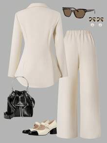 Sparklyn 两件套少女套装：修身V领西装外套，配撞色纽扣；优雅职业休闲宽松直筒裤；适合日常休闲、通勤、度假等多种场合，春秋季皆宜。 - 杏色 - 查看 2