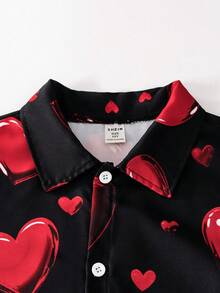 Set de 2 piezas de camisa y pantalones cortos con estampado de corazón para el Día de San Valentín para niños preadolescentes - Rojo - Ver 8