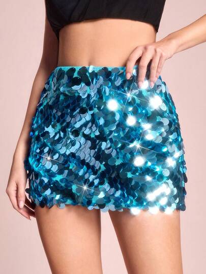 Fairycore Jupe mini femme décorée de sequins bleus
