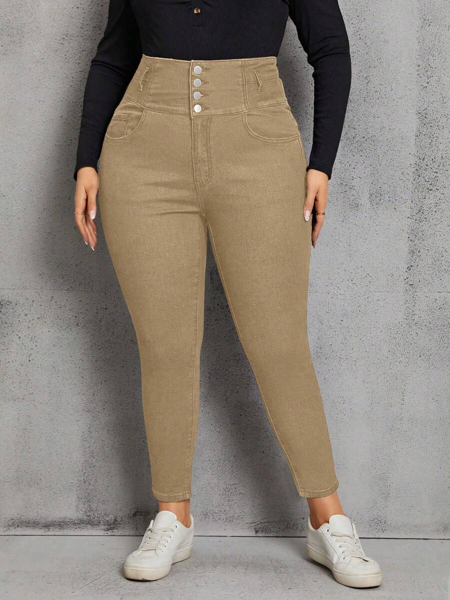 EMERY ROSE Celana Jeans Kasual Skinny Pinggang Tinggi Ukuran Plus Warna Polos - Khaki - View 1