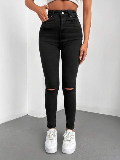 SHEIN PETITE Petite skinny jeans med hög midja och slitna detaljer