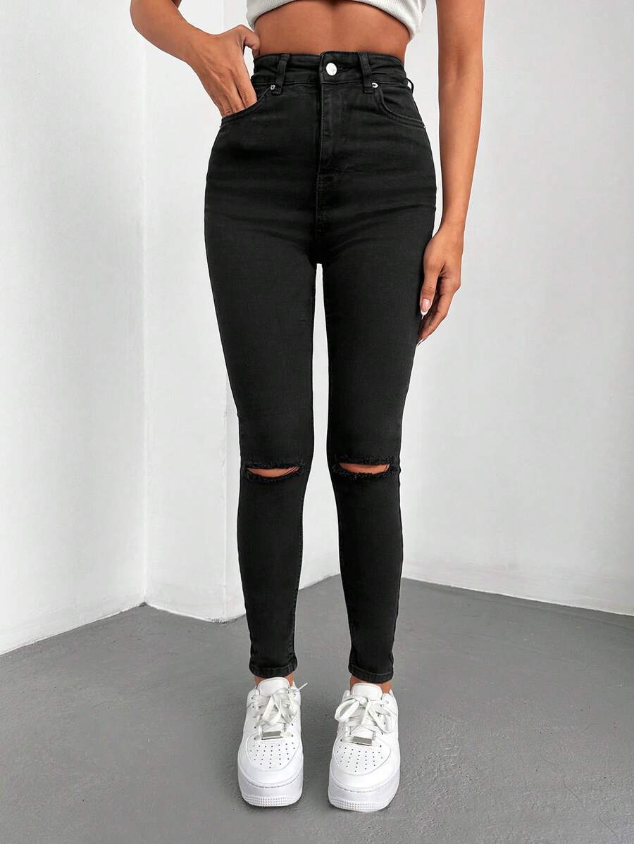 SHEIN PETITE Petite High Waist Ripped Skinny Jeans