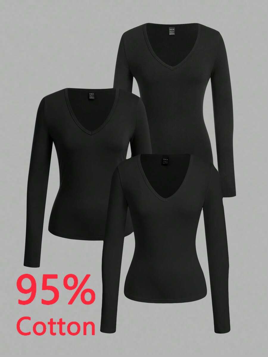 SHEIN EZwear Bộ 3 áo thun dài tay bó sát cổ chữ V sâu cho nữ, màu đen - màu đen - Xem 1