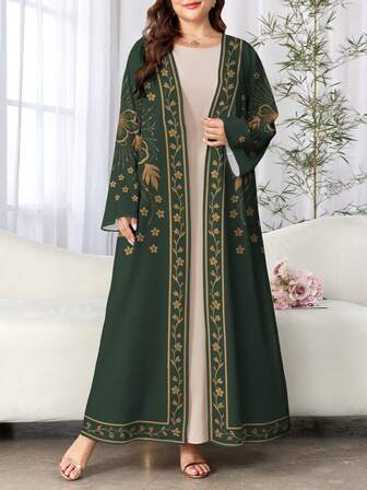 SHEIN Najma Women's Gold Floral Digital Print Long Sleeve Casual Arabic Abaya Robe, Spring/Autumn