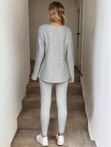 Easowa 2pcs/Set Women Long Sleeve T-Shirt And Embroidered Leggings, Autumn/Winter,Fall,Casual - Multicolor - View 3