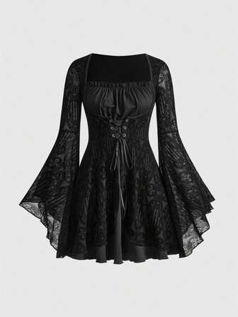 Goth Gotisches Kirchenkreuz-Mesh-Patchwork-Schnürkleid mit Taille für Frauen