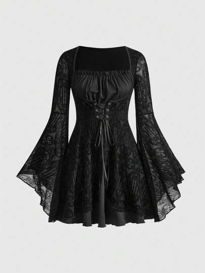 Goth Vestido de mujer con parche de encaje de malla con cruz floreada de estilo gótico y cordones en la cintura