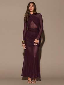 SHEIN BAE Women's Burgundy High-Neck Backless Long-Sleeved Semi-Sheer Maxi Dress, Summer Dress,Valentine's Day,Elegant Dress,Wedding Guest Dress,Red Dress Mesh Dress Dark Purple Dress Women See Through Dress - Burgundy - View 4