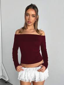 SHEIN EZwear 女士露肩修身休闲长袖T恤，酒红色，春秋季 - 酒紅色 - 查看 11