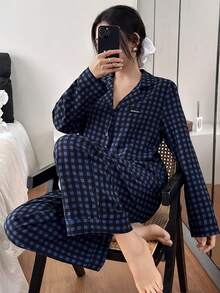 SHEIN 女士休闲宽松格子翻领长袖睡衣套装，秋冬服装 - 彩色 - 查看 2
