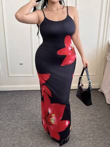 CovetEZ 大码夏季纯色细肩带花卉印花优雅长款修身连衣裙 - 紅色 - 查看 5