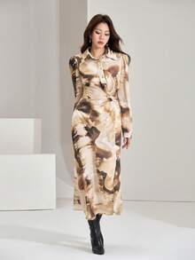 Heiryn Women's Tie-Dye Print Long Sleeve Ruched Waist Fashion Shirt Dress Earth Tone Dress Long Sleeve Dresses Woman - Brown - View 7