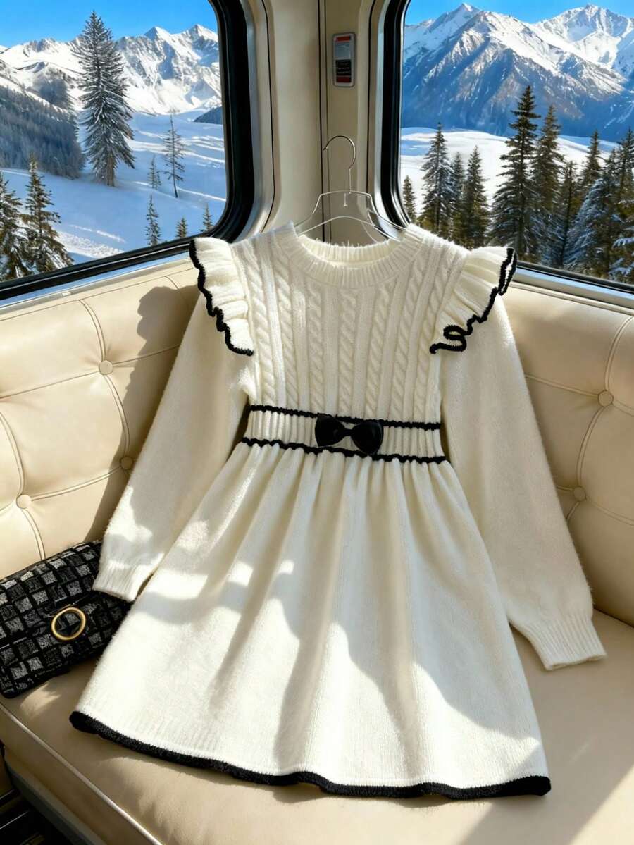 SHEIN Sparklyn Mädchen Pulloverkleid, modisches, elegantes Farbblock Pulloverkleid mit Schleife, Fake Taschen, Rundhalsausschnitt, Langarm Prinzessinnenkleid, geeignet für 8-12 jährige Mädchen, A-Linie plissierter Rock, Herbst/Winter gestricktes Kleid - Weiss - Übersicht 1
