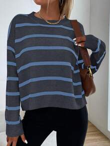 EMERY ROSE Casual Round Neck Black & White Striped Pullover Sweater, College Style - Dark Grey - View 4