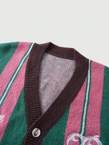 ROMWE MEN Prep Áo khoác cardigan dệt kim dài tay họa tiết sọc thêu chữ thu/đông cho nam - màu nâu - Xem 3