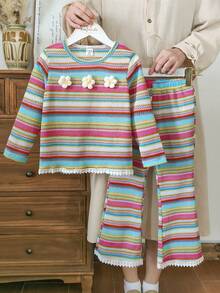 Vintaside Kids 2pcs/Set Vintage Floral Rainbow Striped Crochet Decor Long Sleeve Top And Elastic Waist Flare Pants, Lace Trim, Casual Fashion Outfit For Young Girls, Suitable For Spring, Autumn And Winter - Multicolor - View 5