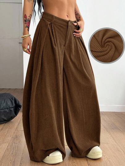 Coolane Women's Fall/Winter Vintage Casual Streetwear Going Out Oversized Green Curved Hem Pants Corduroy Black Cargo Pants,Fall,Fall Clothes For Women Brown Pants Corduroy Pants