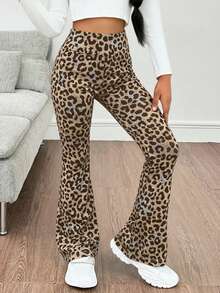 SHEIN Tween Girls' Casual Elegant Knit Leopard Print Criss-Cross Waist Skinny Flare Pants, Back To School, Stylish, Street-Chic, Bell Bottom Pants, Flared Leggings, Leopard Pants Cheetah Print Pants,Kids Clothes Girls,Tween Girl Clothes, Flare Pants Girls, Cheetah Pants - Brown - View 2