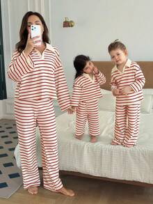 SHEIN Babygirl Cute Casual Versatile Striped Long Sleeve Polo Shirt & Elastic Waist Pants Set - Red - View 5