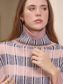 lacRébo Suéter de punto oversize de cuello alto a rayas en rosa y azul marino, ropa de invierno para mujer, atuendos de salida de invierno, atuendos de oficina elegantes, jersey rosa - Multicolor - Ver 4