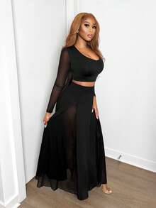 BamGleam Women's Knit Top And Sheer Skirt 2 Pieces Set - Black - View 3