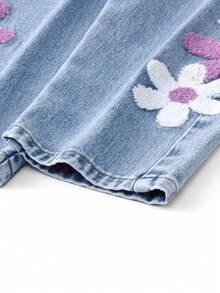 Young Girl Floral Embroidered Denim Bib Pants 90s Kids Outfit Young Girl Y2k Outfits - Light Wash - View 7